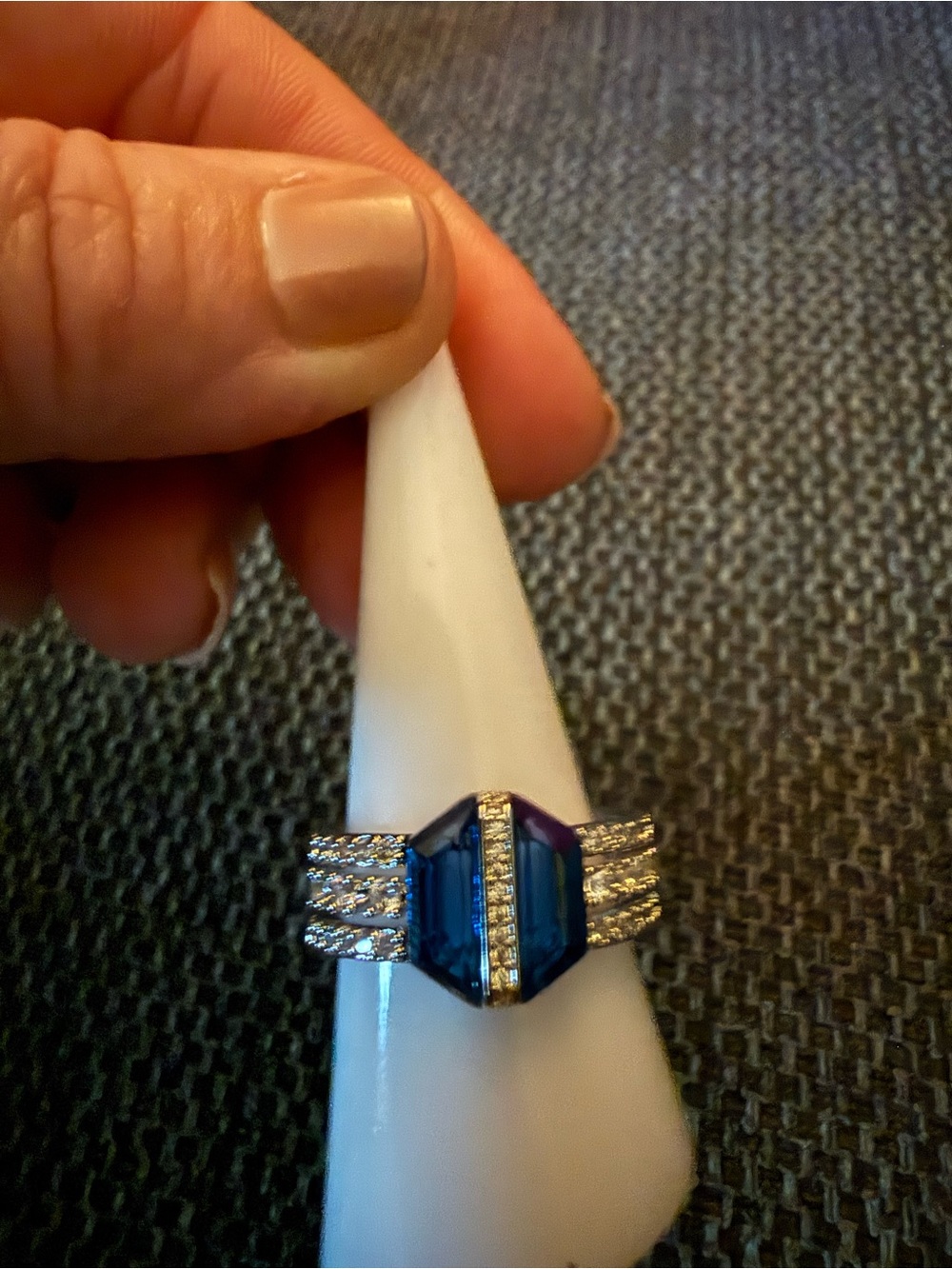 Blue Topaz on rhodium ring